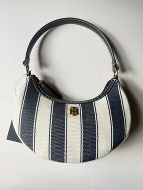 Tommy Hilfiger Navy and White Striped Crescent Shoulder Bag